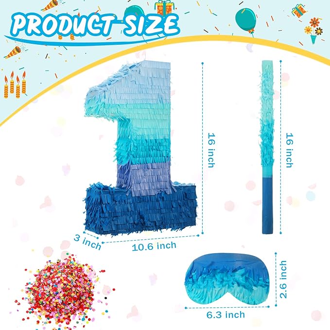 Sratte Number 1 2 3 4 5 6 7 8 9 Piñata with Stick Blindfold Confetti, Gradient Blue Piñata for Kids Boys Girls Birthday Party Anniversary Decorations Supplies(Number 1)