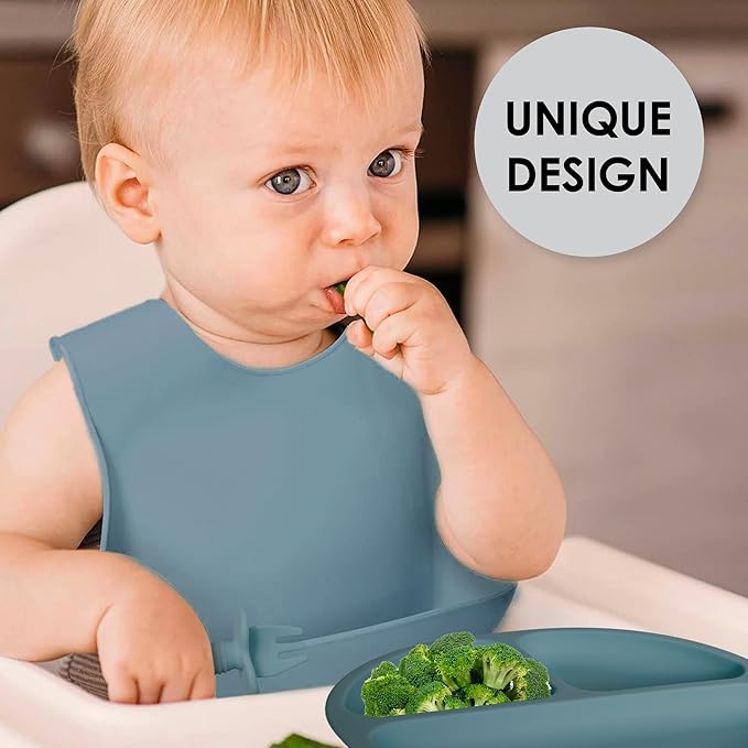 Bluet B- Silicone Baby Feeding Set - Baby Led Weaning Supplies - Baby Spoons, Suction Bowl - Plate - Baby Utensils - Silicone Feeding Set for Baby First Foods, Infant Eating - 8pcs - Blue