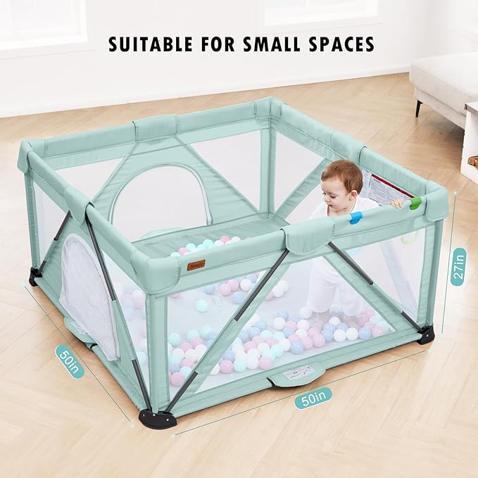 Baby Playpen Foldable, Playard for Babies and Toddlers, Portable Playpen Activity Center with 50 Balls+2 Handles for Travel, Indoor & Outdoor Play Pen with Mesh 50''x50''
