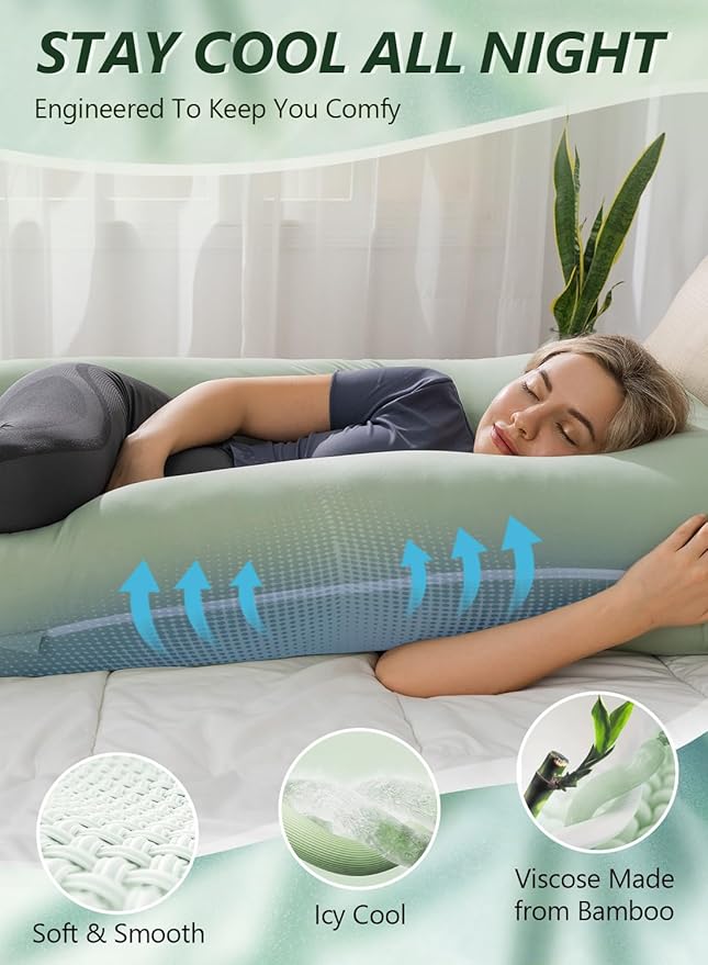Meiz Pregnancy Pillows for Sleeping, Cooling Pregnancy Pillows, 60Inch Maternity Pillows, U Shaped Full Body Pillows for Adults with Rayon Cover from Bamboo, Sage Green