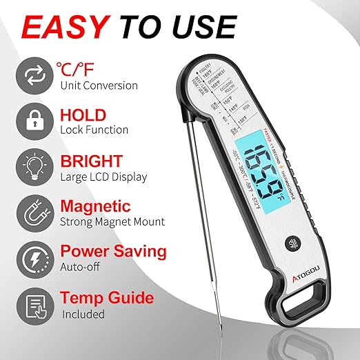 Professional Food & Meat Thermometer, 1 Sec Instant Read & ±0.5℉ Accuracy Driven by Thermocouple Sensor. IP67 Waterproof Digital Thermometer for Cooking, BBQ, Grill Gifts for Men Him Dad Birthday