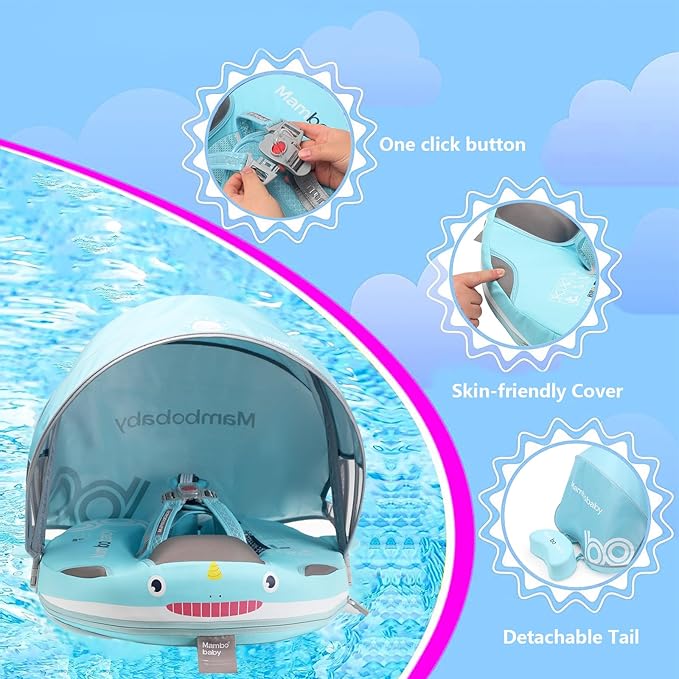 Mambobaby Float with Removable UPF50+ UV Sun Protection Canopy, Infant Pool Float Swimming Float with Tail & Adjustable Safety Seat, Baby Floats for Pool Bathtub (Narwhal Green-K03NGCTLURBKMF01K03)