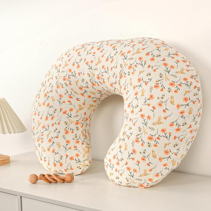 Hooyax Muslin Nursing Pillow Covers 2 Pack, Soft and Breathable Nursing Covers for Breastfeeding Pillows, Adorable Infant Feeding Pillow slipcover for Baby Boy and Girls (Pink Floral)