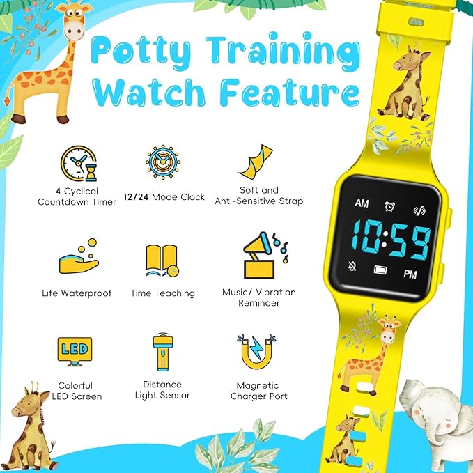 Potty Training Watch for Toddlers with Countdown, Magnetic Charging, Flashing Lights, Fun Music or Vibration Alerts - Waterproof Interactive Toilet Training Reminder for Boys & Girls Ages 2-9