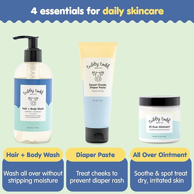 TUBBY TODD Baby Bundle Newborn Skin Care Set - Hypoallergenic Hair + Body Wash, All Over Ointment with Colloidal Oatmeal, Sweet Cheeks Diaper Paste - Lavender Rosemary, Standard Size