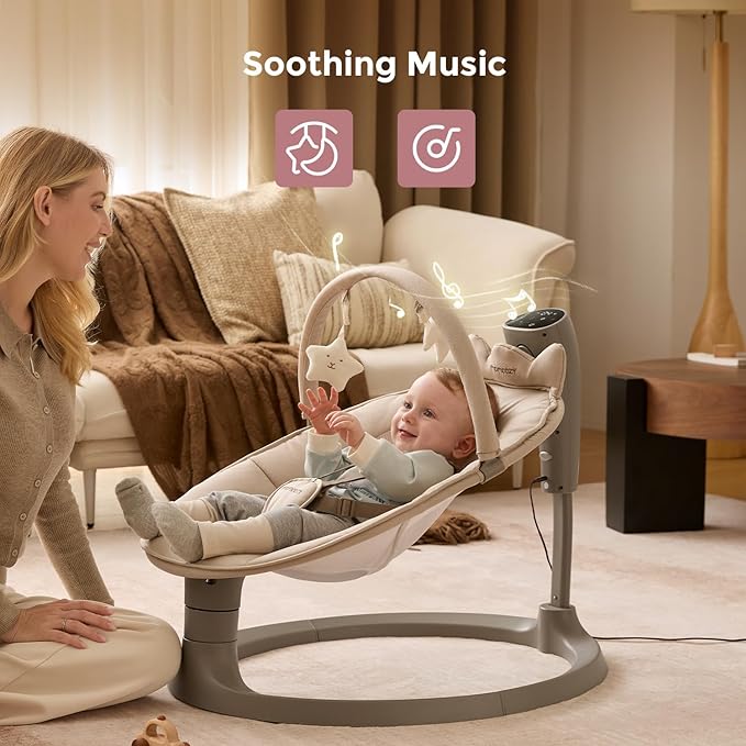 Momcozy 2-in-1 Electric Baby Swing, Dual-Arm Support System & Parent-Inspired Motions, Convertible to Toddler Seat up to 66 lbs, Adjustable Height, Lightweight, Khaki