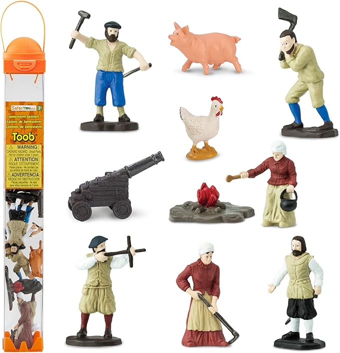 Safari Ltd. Jamestown Settlers TOOB - 10 Figurines: Sailor, Gardener, Blacksmith, Settlers, John Smith, Chicken, Pig, Cannon - Educational Toy Figures For Boys, Girls & Kids Ages 3+