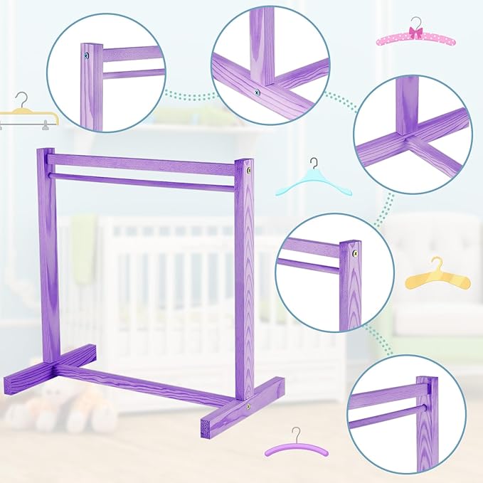 Civaner 11 Pcs Doll Garment Rack with Wooden Clothes Hanger for 18 Inch Girl Doll Clothes Mini Hangers Wardrobe Furniture Accessories for Dollhouse Baby Shower Supplies (Purple)