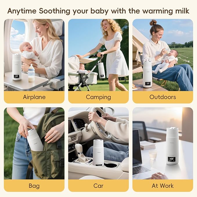 Portable Milk Warmer for Travel, Detachable Bottle Warmer for Breastmilk Formula Water, Boiling Function & Fast Heating, Rechargeable, Healthy for Baby on Journey, Car, Airplane