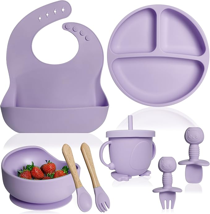 Bluet B- Silicone Baby Feeding Set - Baby Led Weaning Supplies - Baby Spoons, Suction Bowl - Plate - Baby Utensils - Silicone Feeding Set for Baby First Foods, Infant Eating - 8pcs - Purple