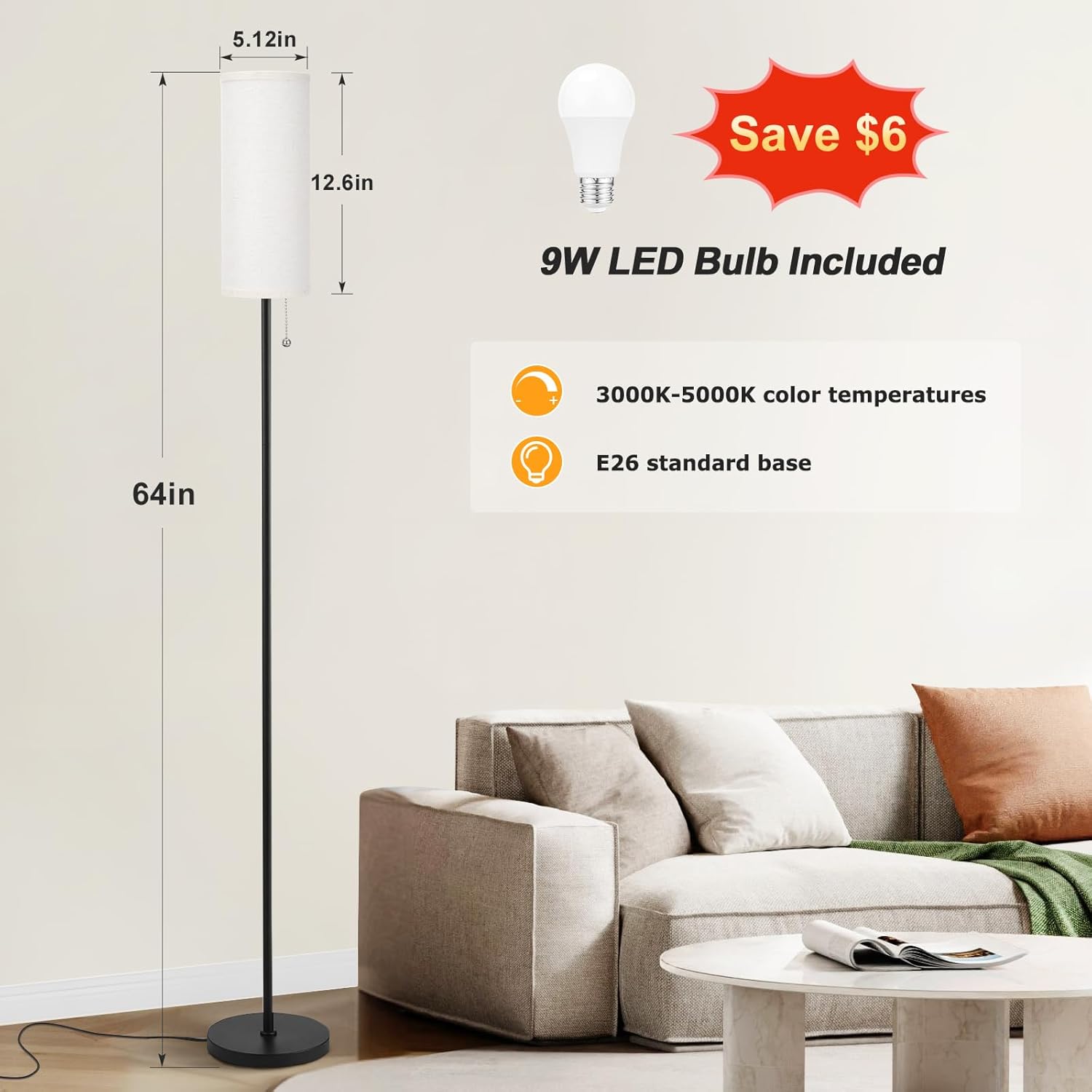 Ambimall 64'' Floor Lamp for Living Room with Bulb - Tall Lamps with Beige Lampshade & Pull Chain Switch, Pole Lamps for Bedrooms Tall, Minimalist Floor Lamp
