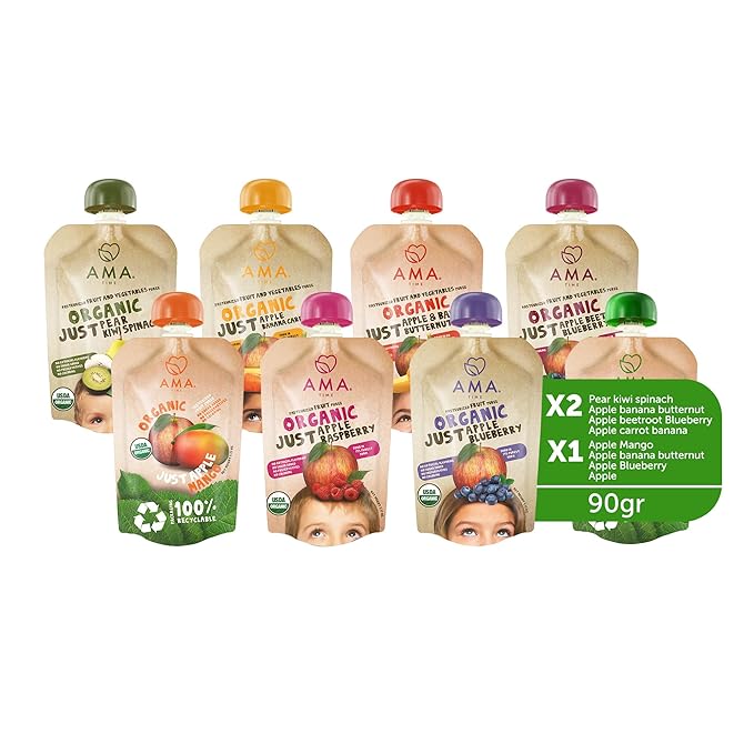 AMA TIME Organic Baby Food Pouches Variety Pack (12 Count, 8 Flavors) | Stage 1+ Fruit & Veggie Puree | Non-GMO Allergen-Free No Added Sugar | BPA-Free Pouches for Baby Led Weaning & Toddlers