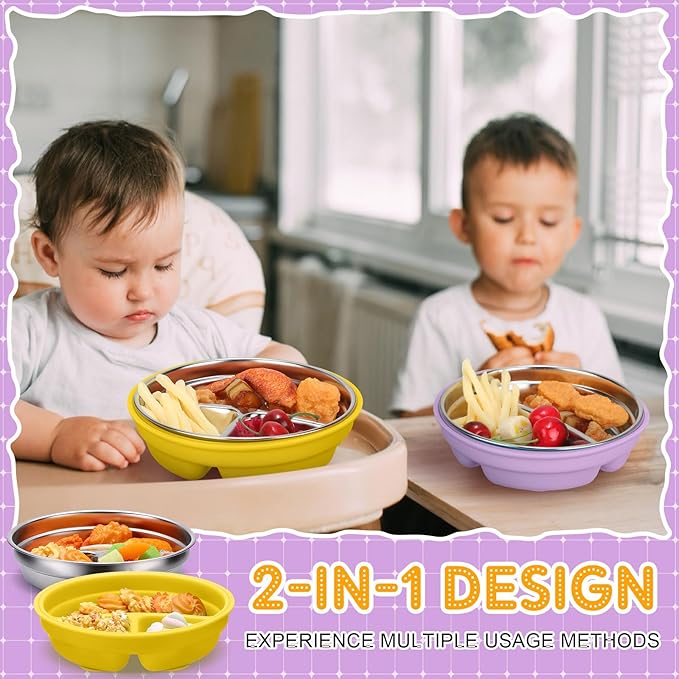 Nuogo 2 Pcs Stainless Steel Baby Suction Plates with Removable Silicone Shell 2-in-1 Metal Toddler Bowl Divided for Picky Eaters Kid Feeding Led Weaning Supply, Dishwasher Safe (Yellow,Purple)