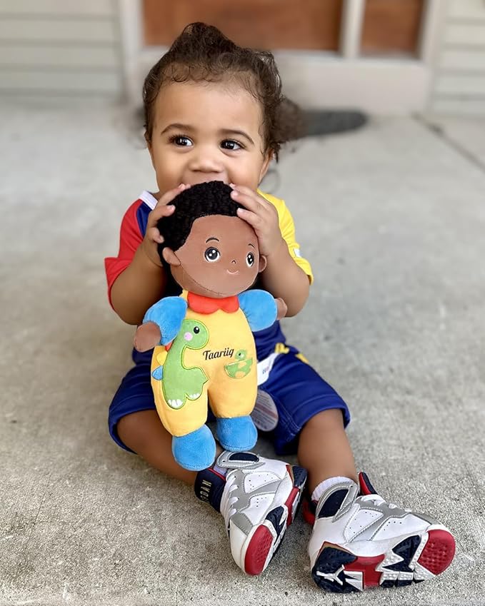 OUOZZZ 10" Soft Black Baby Boy Doll Set, Baby Doll Accessories Pretend Playset Emotional Social for 2 Year Olds Boy Christmas Birthday Gift Dinosaur