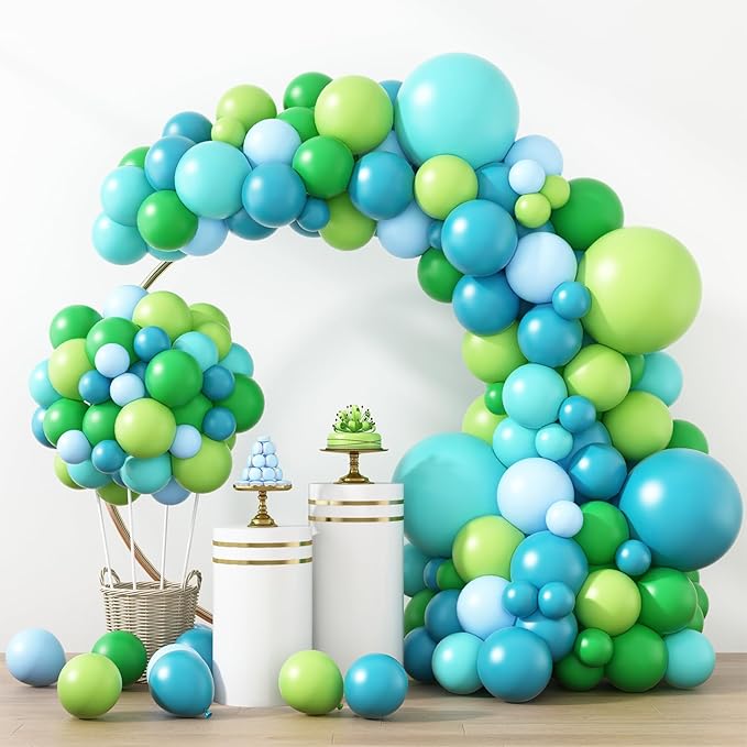 RUBFAC 129pcs Blue Green Balloons Different Sizes 18 12 10 5 Inch for Garland Arch, Green Blue Balloons for Birthday Baby Shower Gender Reveal Wedding Party Decoration