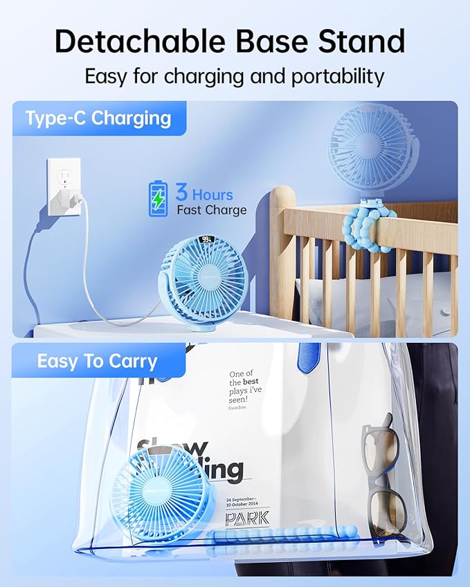 SWEETFULL Portable Stroller Fan with Display 4000mAh Battery Powered Mini Clip On Fan, 4-Speed Rechargeable Small Personal Cooling for Baby Car Seat Crib Travel - Blue
