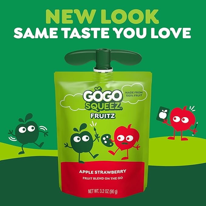 GoGo squeeZ Applesauce and Fruit Puree, Apple Strawberry, 3.2 oz (Pack of 48), Unsweetened Fruit Snacks for Kids, Gluten Free, Nut Free, Recloseable Cap, BPA Free Pouches (Packaging May Vary)