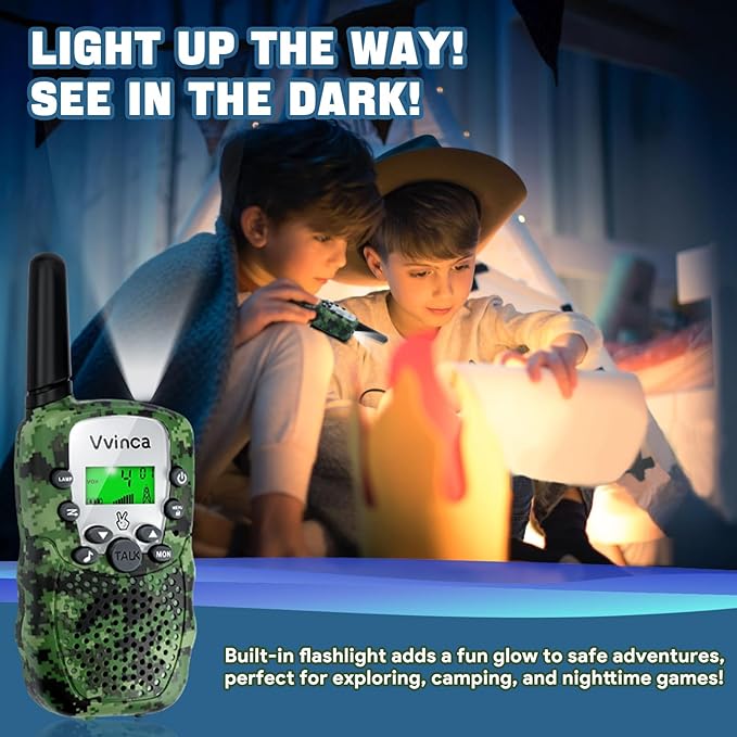 Vvinca Walkie Talkies for Kids Rechargeable 2 Pack, Army Toys for Boys Girls Ages 3-13 Outdoor Military Camping Toy, 3KM Long Range Walkie-Talkie 2 Way Radios 22 CH with Flashlight Birthday Gift