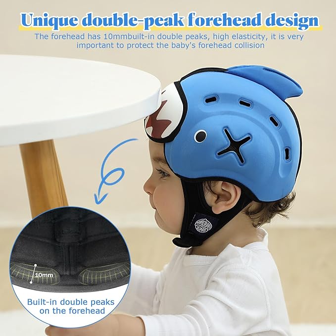 Baby Head Protector Baby Helmet for Crawling and Walking - No Bumps and Soft Safety Peak - Ultra Light and Adjustable Baby Head Protector Suitable for Babies 6-24 Months-Yellow Shark