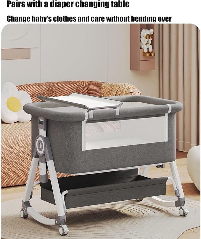 PandaEar Foldable Baby Bassinet Bedside Sleeper, Portable Crib with Wheels & Diaper Changing Table, Adjustable Height Infant Bed, Co-Sleeper for Newborns, Breathable Mesh