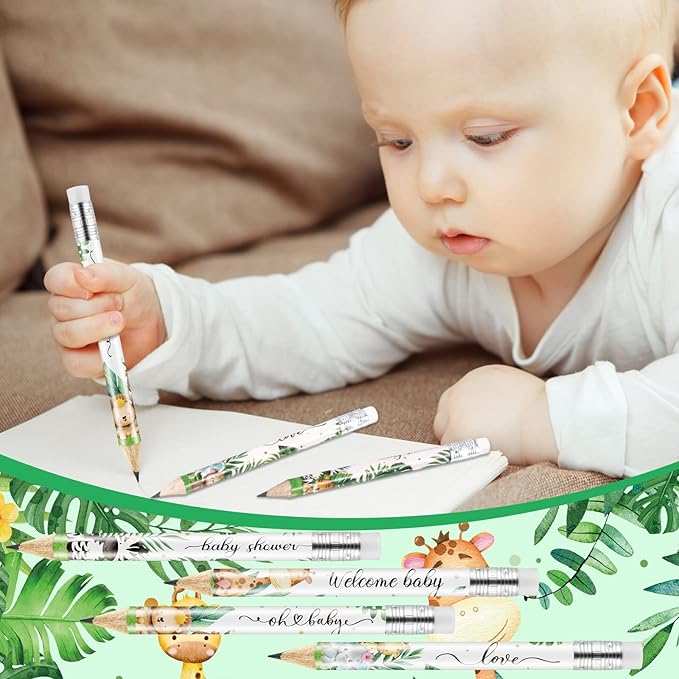 Tinlade 60 Pcs Jungle Animals Baby Shower Golf Pencils with Erasers Small Kids Sharpened Mini Pencils for School in Bloom Baby Shower Supplies