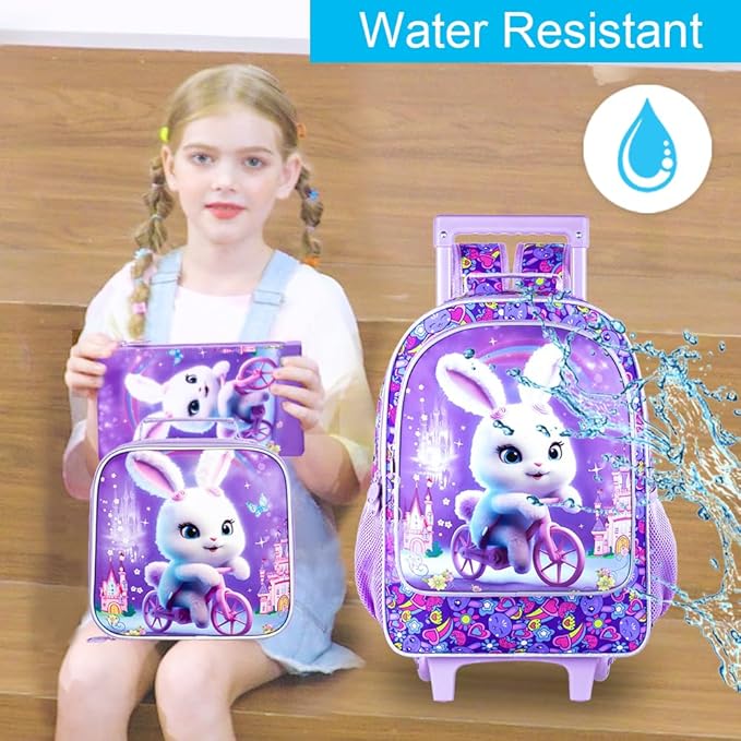Rolling Backpack for Girls, Cute Rabbit Roller Wheels Kids Bookbag - Wheeled Elementary School Bag - 3PCS Rabbit