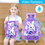 Rolling Backpack for Girls, Cute Rabbit Roller Wheels Kids Bookbag - Wheeled Elementary School Bag - 3PCS Rabbit