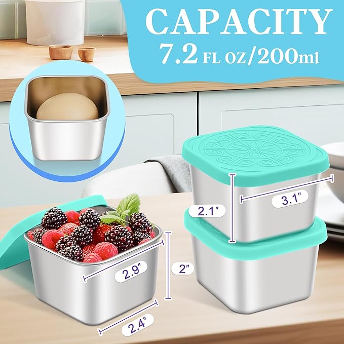 Stainless Steel Snack Containers for Kids,7.2oz Easy Open Leak Proof Reusable Snack Box Container with Lids,Small Lunch Containers for Meal Prep,School,Picnic and Travel-3Pack