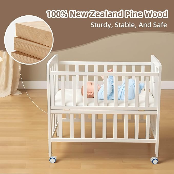 Baby Bassinets Bedside Sleeper - Portable Pine Wood Bedside Bassinet,6 Heights Small Mini Crib with Mattress,Space-Saving Design Baby Crib for Newborns 0-12 Months,White
