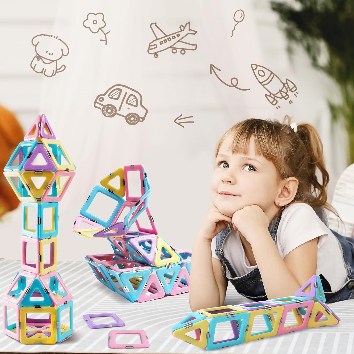 Magnetic Tiles 80pcs Magnet Building Blocks Set Creative Stacking Toys for Kids, 3D DIY Construction Kit Preschool Child Montessori Toys STEM Learning Toys Gifts for Girls Boys 3 4 5 6 7 Years