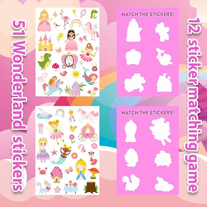 Jelly Sticker Books for Toddlers 2-4 Travel Essentials, Reusable Sticker Book + 8 Scenes + 2 Matching Games + 51 Large Princess Stickers for 1-3 Toddler Activities (Wonderland)