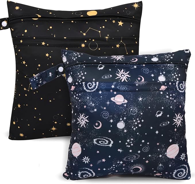 2pcs Cloth Diaper Wet Dry Bags, Waterproof Reusable Wet Bag with 2 Zipper Pockets & Handle, Washable Laundry Bags for Baby Adult Clothes Travel Beach Pool Daycare Yoga Gym Exercise Swimsuits,