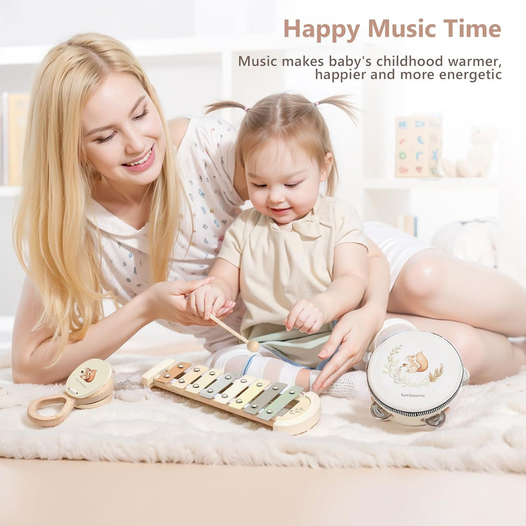 Baby Musical Instruments Set Wooden Montessori Musical Toys for Toddlers Neutral Colors Percussion Instruments Set with Modern Boho Xylophone Tambourine Educational Musical Toys for Preschool Kids