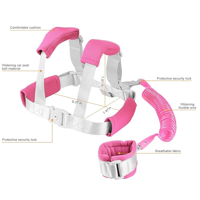 2 in 1 Toddler Leash Anti Lost Wrist Link Pink Safety Harness with Lock for Kids, Baby Leash Anti Lost Wrist Link Safety Wrist Link for Toddlers(Pink 8.2 Ft) …