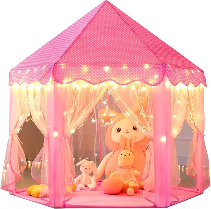 Monobeach Princess Castle Play Tent for Girls - Large 55'' x 53'' Playhouse with Star Lights for Indoor and Outdoor Play