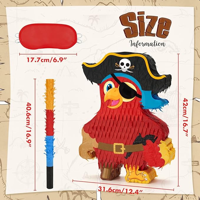 Wernnsai Pirate Piñata - Pirate Parrot Piñata with Blindfold and Bat for Boys' Birthday Party Adventure Theme Decorations