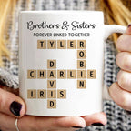 Family Forever Linked Together Custom Names Ceramic Mug, Crossword Puzzle Art, for Birthday, Anniversary or Special Occasions (Brothers & Sisters Forever Linked Together White Mug Ver 2)
