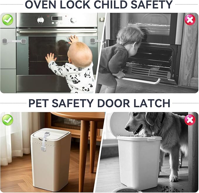 6 Pack Child Safety Cabinet Locks for Baby Proofing, Length Adjustable Latch Straps Dual Button Design for Drawers Fridge Refrigerator Doors Toilet Seat Oven