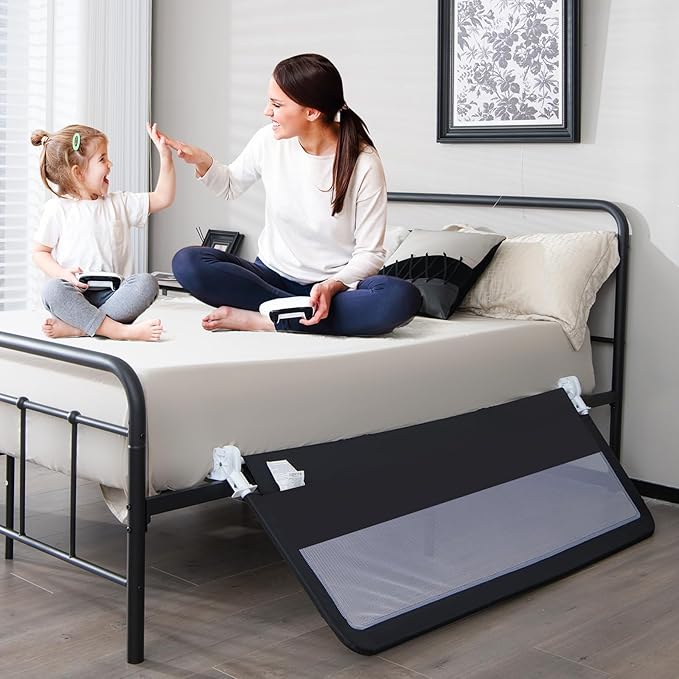 INFANS Bed Rail for Toddlers, 58" Foldable Safety Baby Crib Rail Fit for Kids Twin, Extra Long Swing Down Bed Guardrail for Convertible Crib, Queen, Full, King Mattress Side Guard (Black)