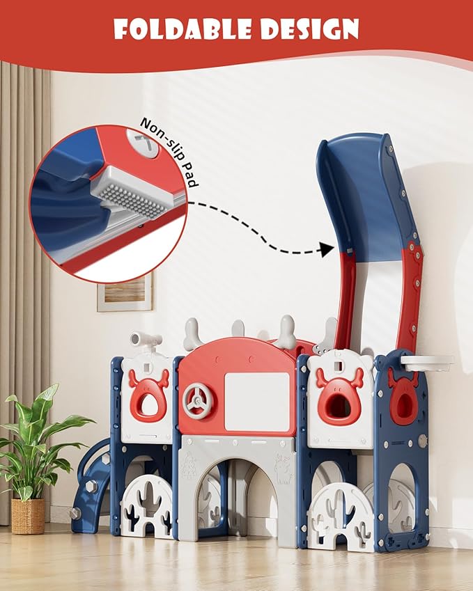 XJD 13 in 1 Toddler Slide Set, Kids Slide for Toddlers Age 1+, New Upgrade with Golf Set, Basketball Hoop, Drawing Board for Indoor Outdoor Playset,Toddler Playground (Blue Red)