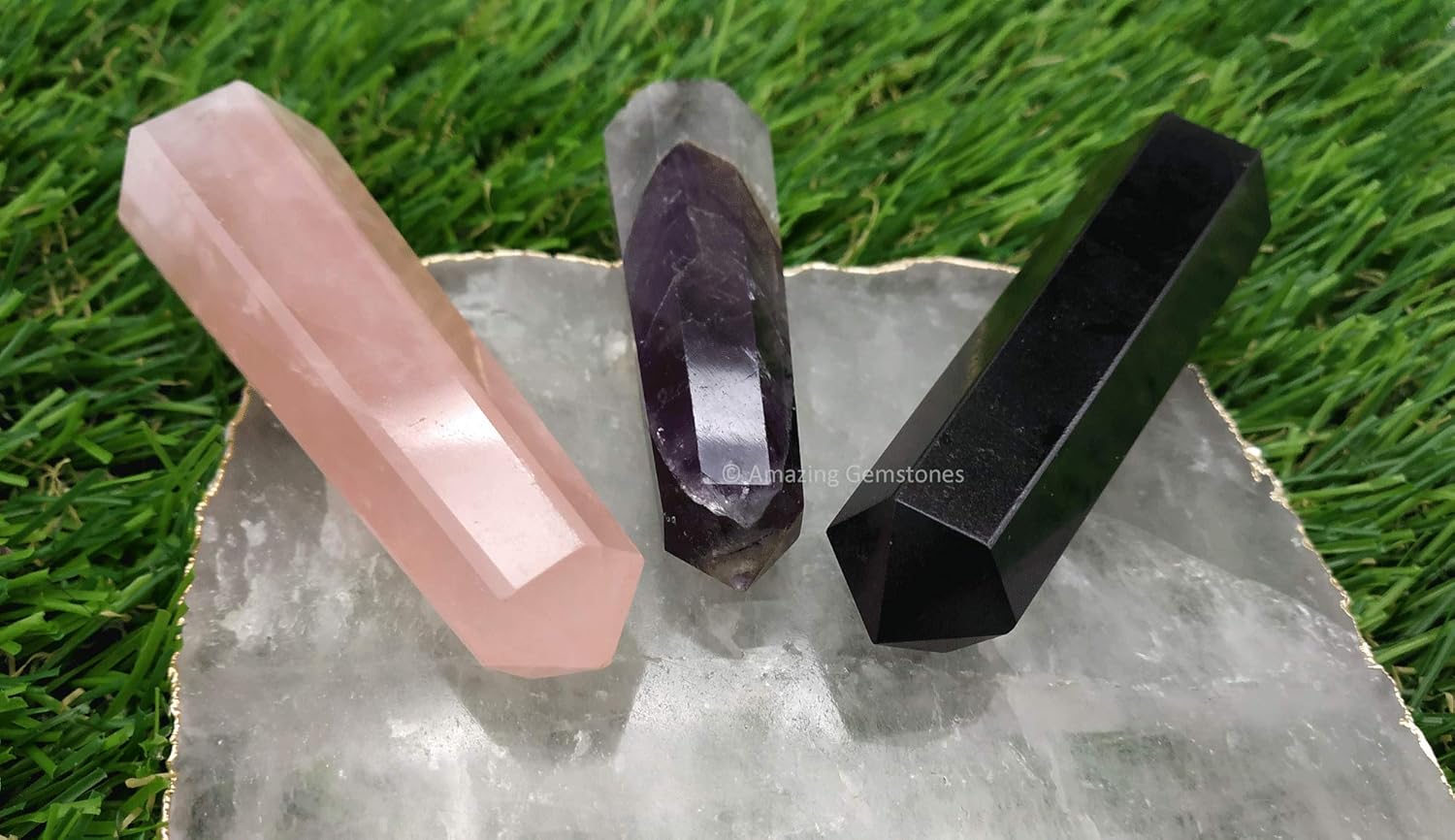 Amazing Gemstone Set of 3 Amethyst, Rose Quartz, Black Tourmaline Crystal Towers - Natural Healing Crystal Point Obelisk for Reiki Healing and Crystal Grid (2 Inch to 3 Inch)
