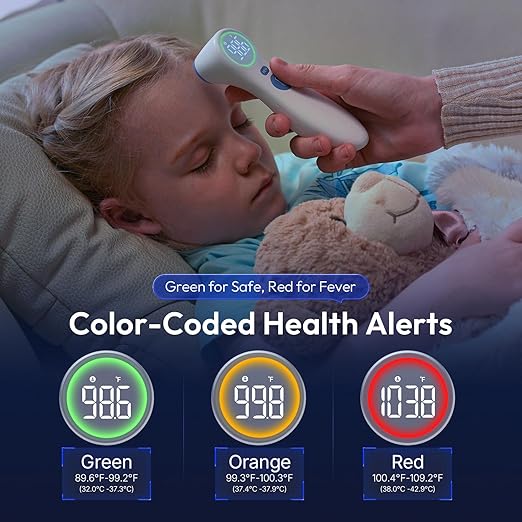 No-Touch Thermometer for Adults and Kids, 1-Second Fast Reading, Color-Coded Fever Alarm, Silent Mode, Object & Room Temperature Function, Baby Essential | Home Medical | Nurse Accessories for Work