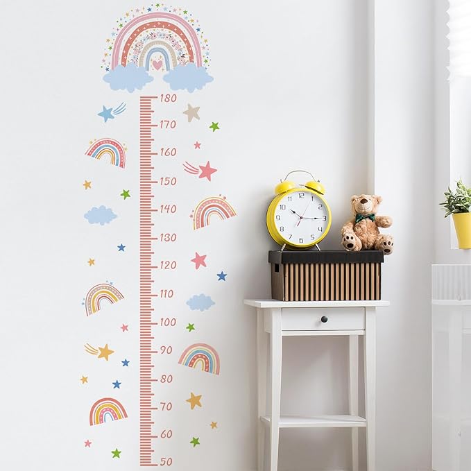 3D Cartoon Height Growth Chart for Kids - Removable DIY Pink Rainbow Wall Decal Peel and Stick Stars and White Clouds Wall Art Decor for Kids Nursery, Bedroom, Bathroom