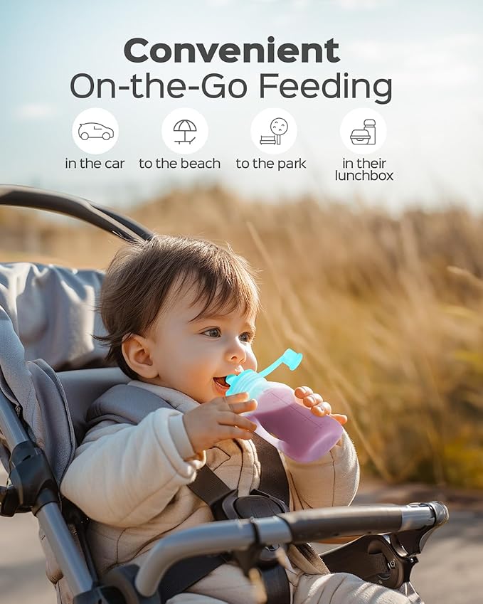 Silicone Reusable Baby Food Pouches with Straws, 2 Pack Leakproof Refillable Squeeze Pouches, Dishwasher, Freezer, Microwave Safe, 5OZ Baby Food Storage for Homemade Puree, Yogurt