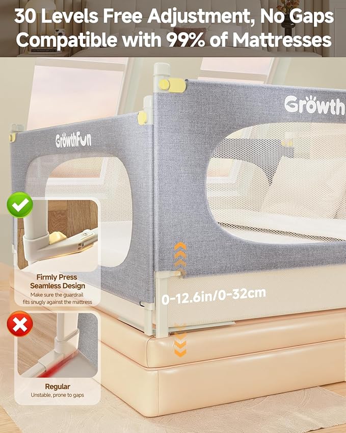 3-Piece King Size Bed Rail for Toddlers, Baby Bed Rail Guard with Height Adjustable, Kids Safety Toddler Bed Rail for King Size Bed (78.7"x78.7"x74.8" - Grey).