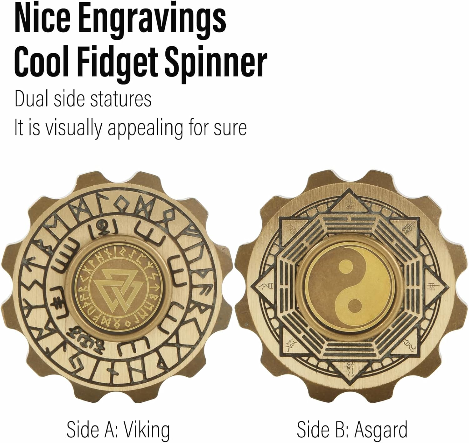 Freelove Viking Pirate & Gossip Design Fidgets Spinners, Copper Metal Spinner Fidget Toy Prime for Adults, Premium Bearing for 4~6 Mins, Autism Sensory ADHD Anxiety Stress Reduce Figet Spiner, Brass