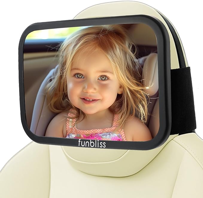 Funbliss Baby Car Mirror for Fixed Headrest, Compatible with Tesla Car Mirror for Baby and Other Models, 360° Rotation Clear & Wide View, Easy Install with Non-Slip Elastic Fixing