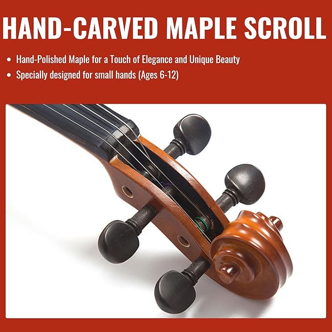 1/4 Size Violin for Kids, Beginners, Students, Solid Spruce Top, Maple Back Fiddle with Brazilwood Bow, Tuner, Hard Case, Shoulder Rest & More, Perfect Handcraft Gift