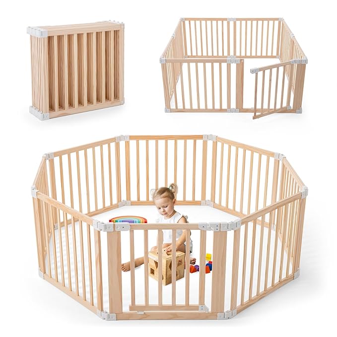 Foldable Wooden Playpen, Large Baby Wood Playpen with Locking Gate for Babies and Toddler 1-3 Year, Portable Play Yard for Activity Center Indoor Outdoor(Wood, 8 Panel)