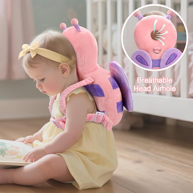 Baby Head Protection Backpack with Leash, Anti Lost Toddler Protector Padded Pillow Carrier for Crawling Walking, Cute Butterfly Kid Harness Strap Infant Cushion Pad for 6-18 Months Boys Girls (Pink)